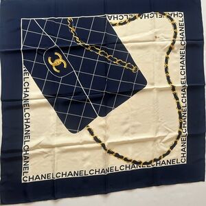 CHANEL Navy & Cream Chain Quilted Bag Print Silk Scarf